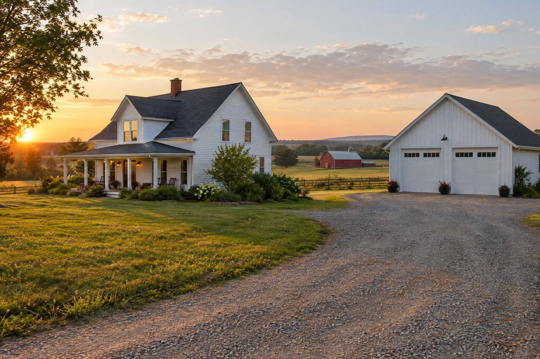 A farmhouse with a big detached garage in the country