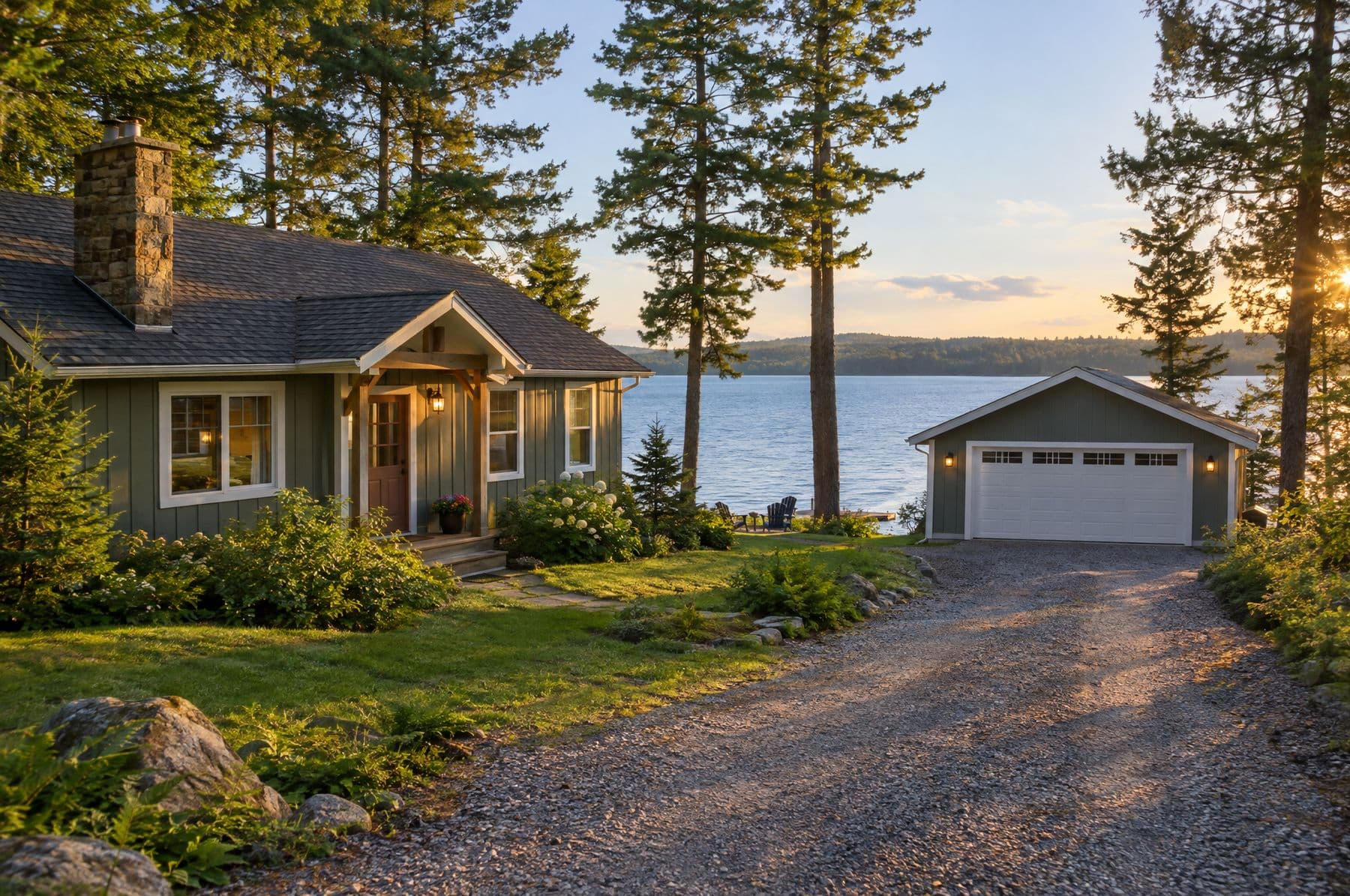 A lake cottage with a detached garage among pines