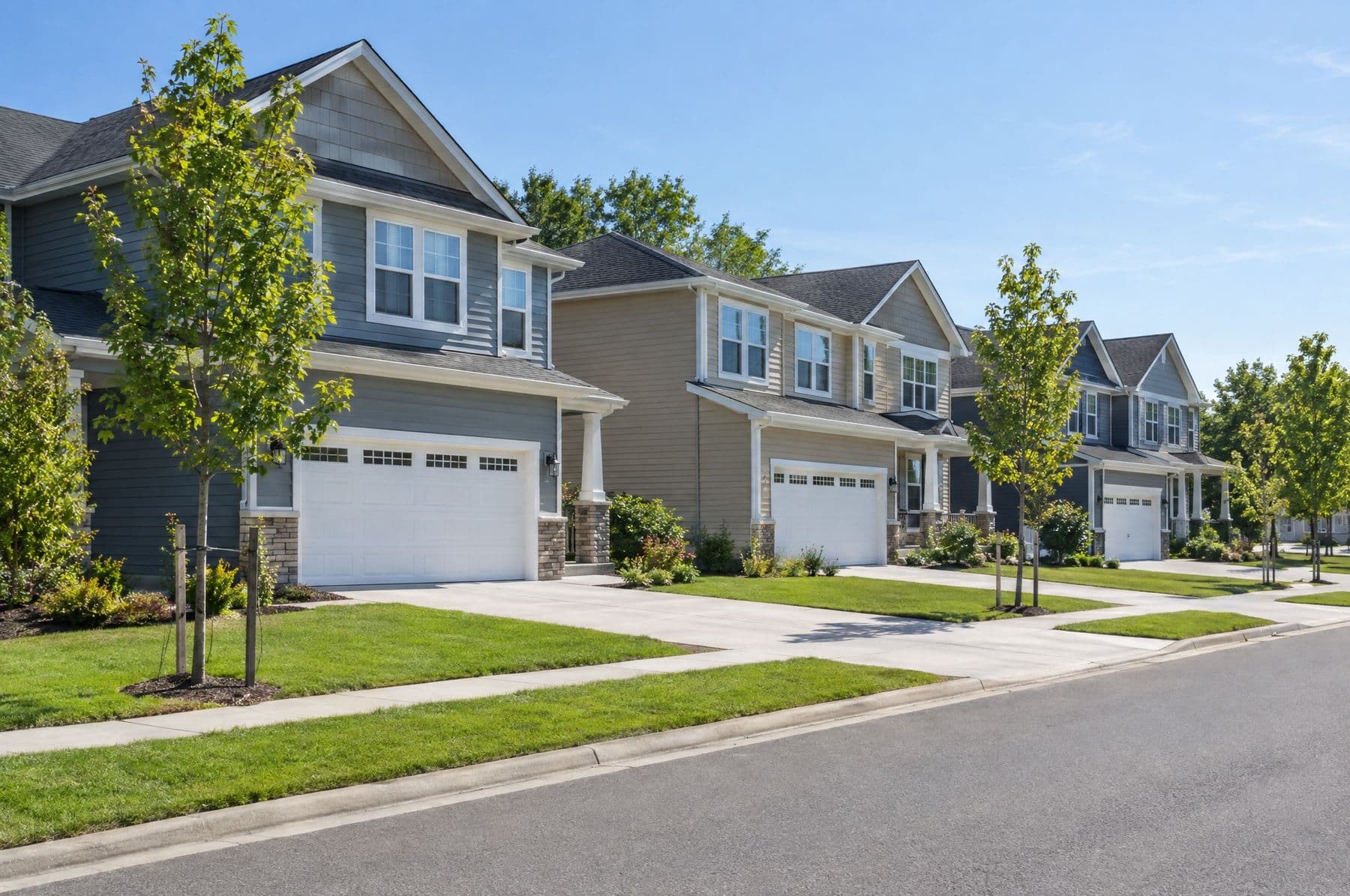 A newer neighborhood street with two-car garages