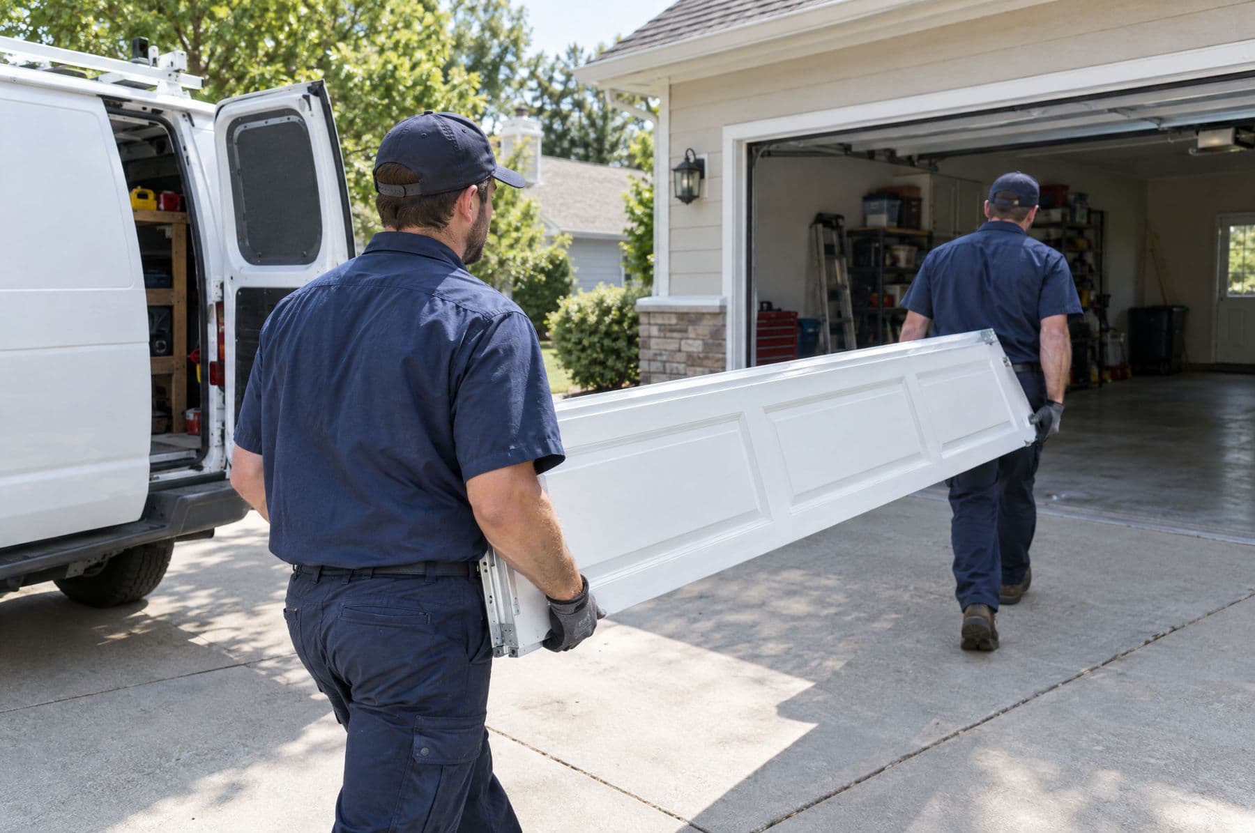 Two crew members carrying a door section from the van into a garage