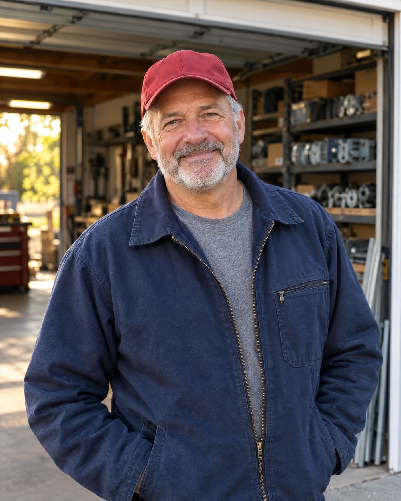 Dave Larsen in a navy work jacket and red cap at the shop