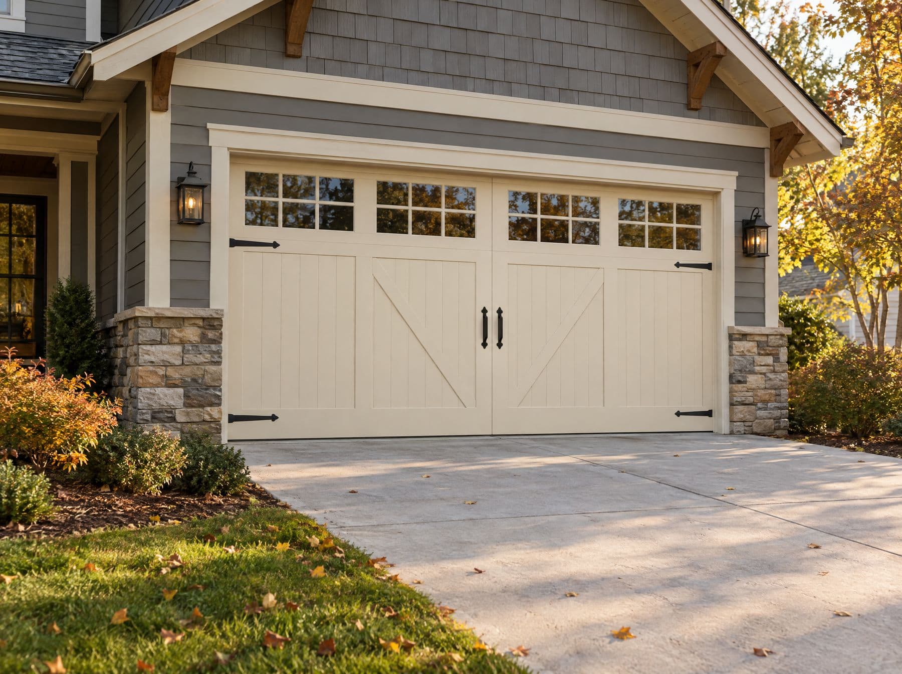 A cream carriage house garage door on a craftsman home