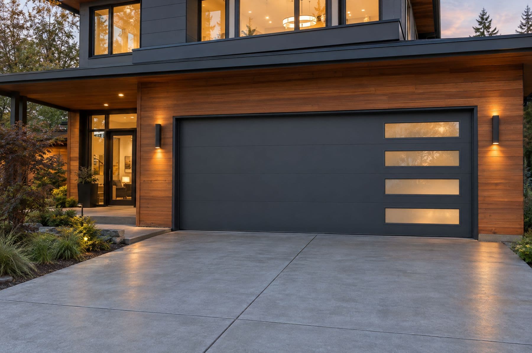 A charcoal flush steel garage door with frosted windows on a modern home
