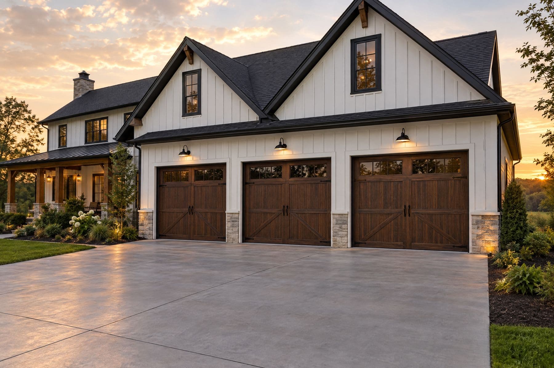 Three matching wood-look carriage doors on a farmhouse