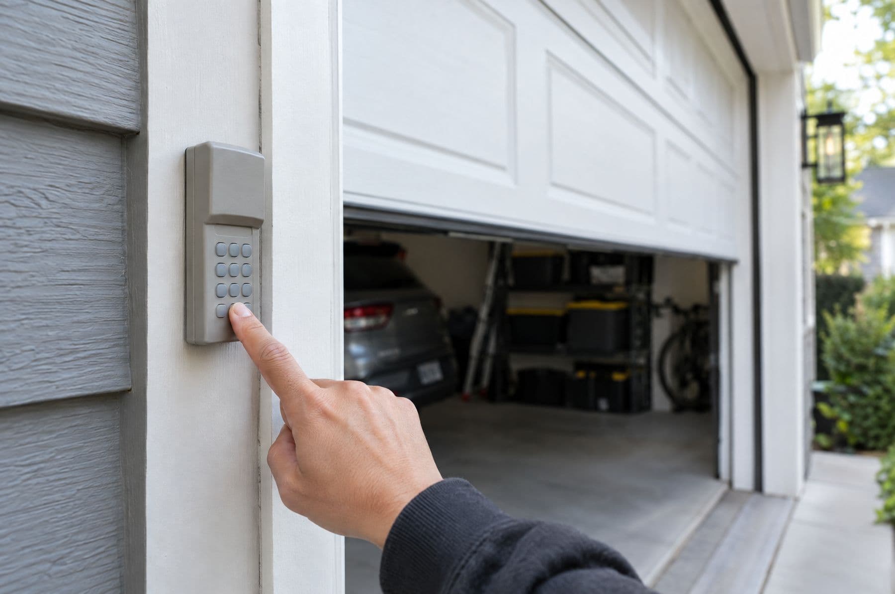 A hand pressing a garage door keypad beside an opening door