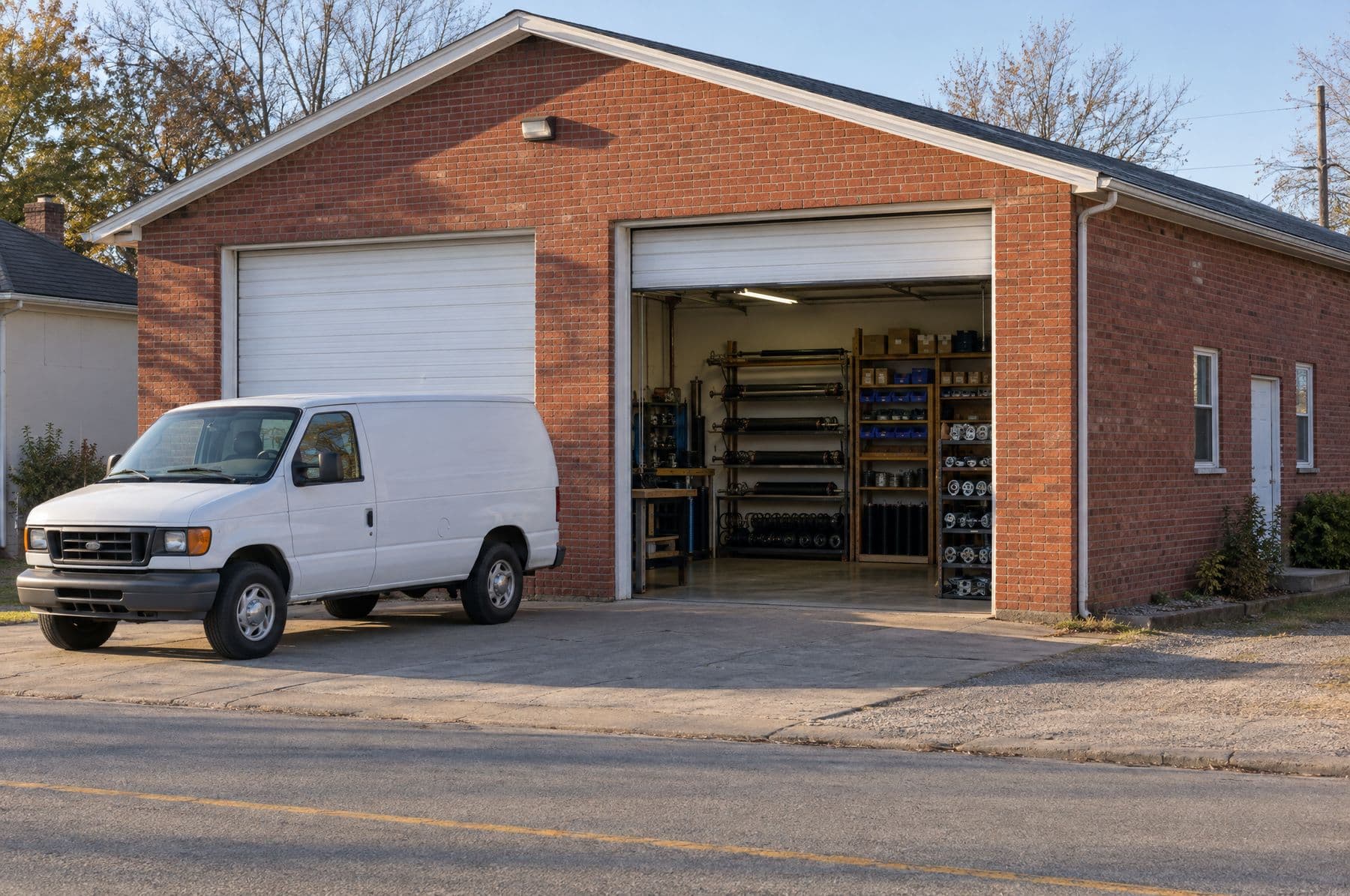 The brick shop with two roll-up doors and a white van out front