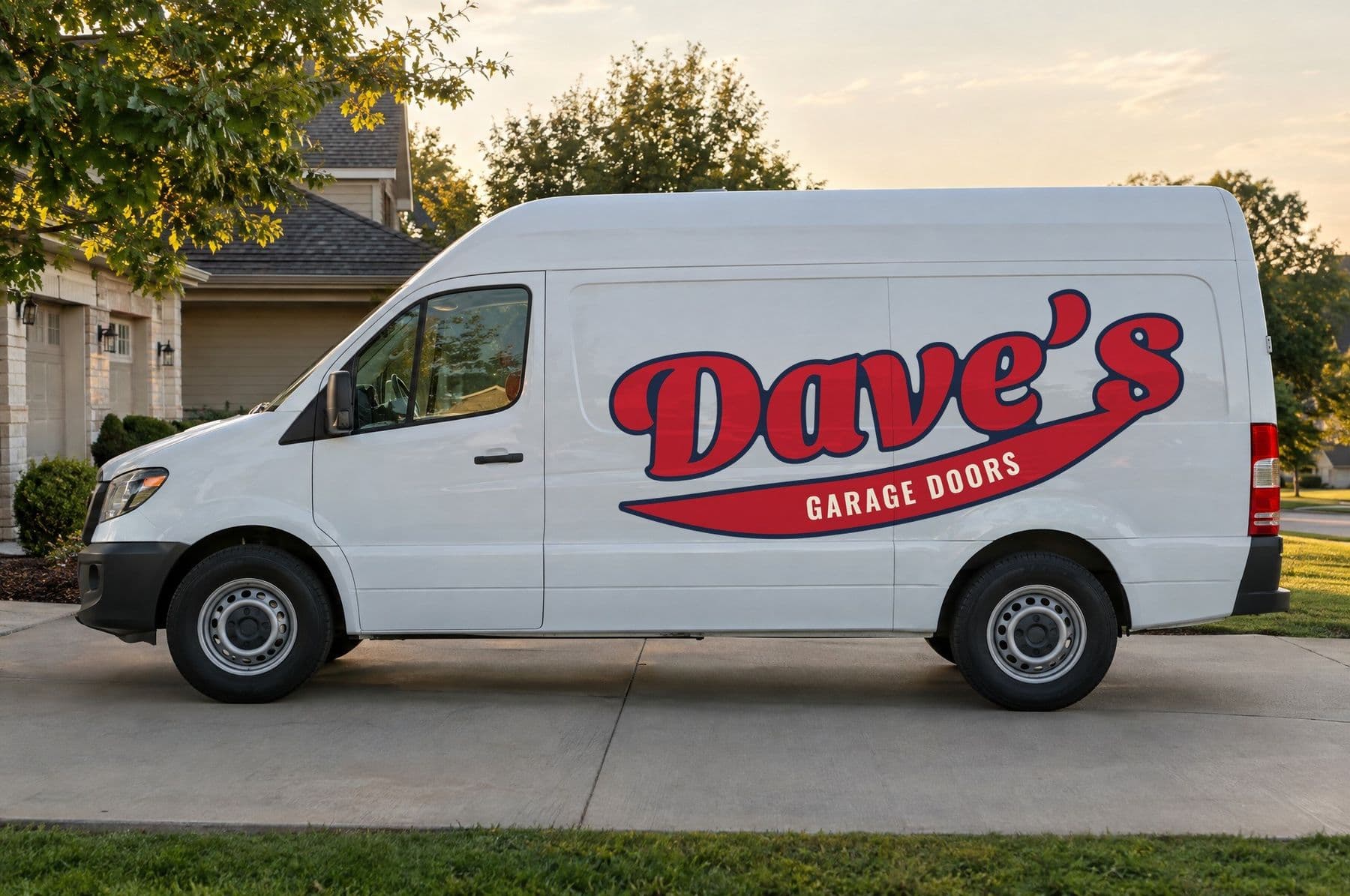 The Dave's Garage Doors van parked in a driveway